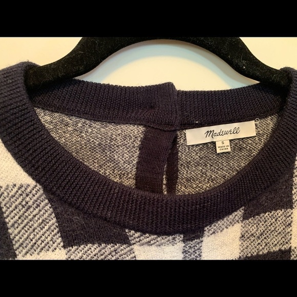 Madewell Merino Wool cream/blue plaid button back crew sweater - Picture 3 of 12